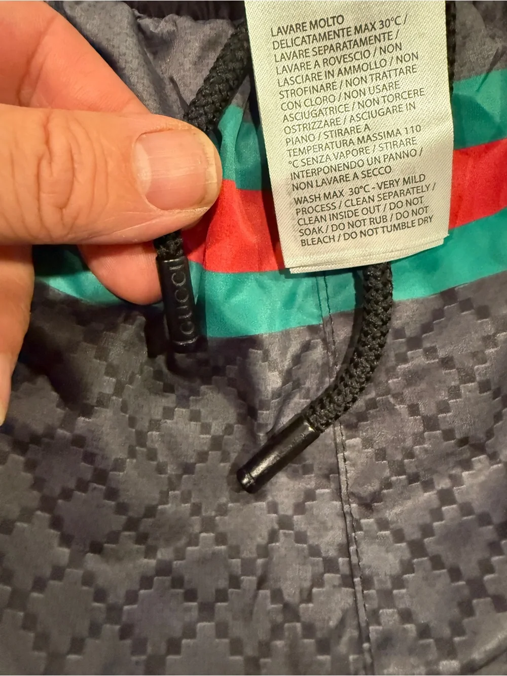 Gucci Gray Swim Trunks with Teal and Red Stripe